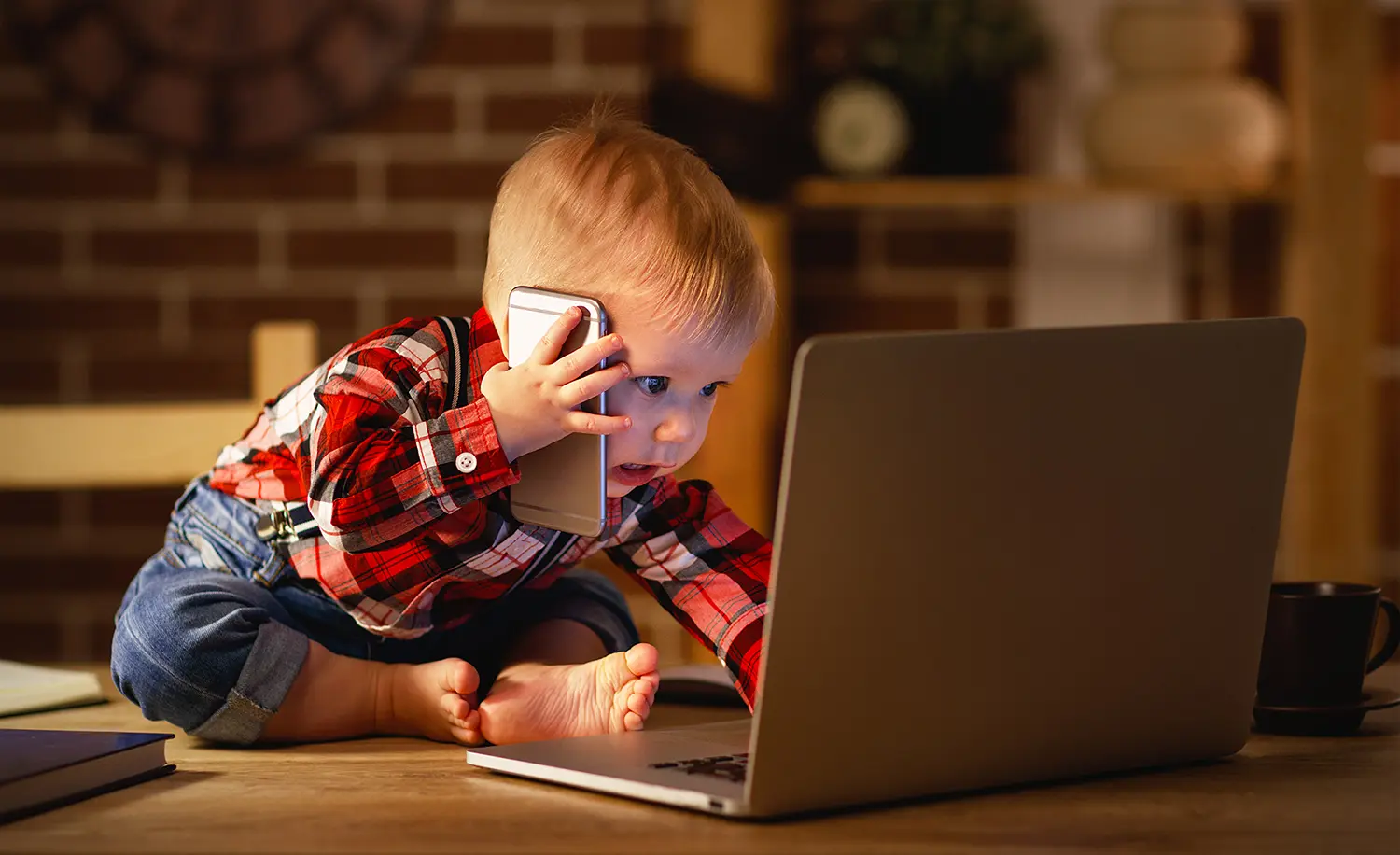 En guttunge som sitter med mobil i øret og foran laptop